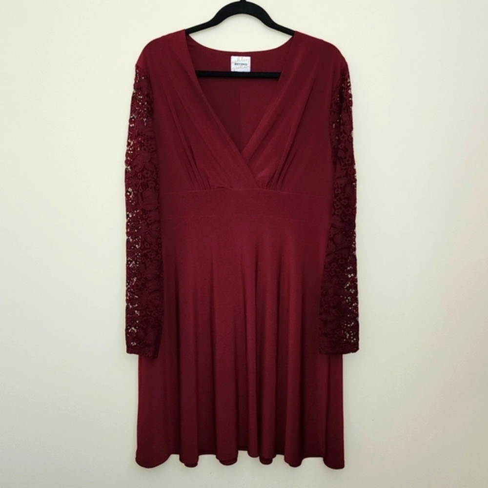 Ashley Graham A-Line Dress with Long Lace Sleeves Wine Red XL